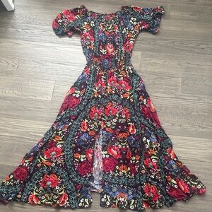 Jaase | Colourful Floral Print Smocked Waist Long Maxi Dress Size Small